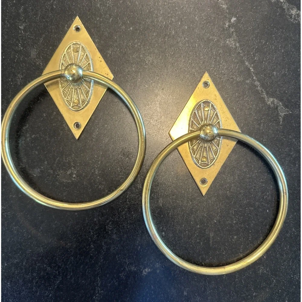 Pair Vintage Art Deco Brass Door Knockers Towel Rings 8x5